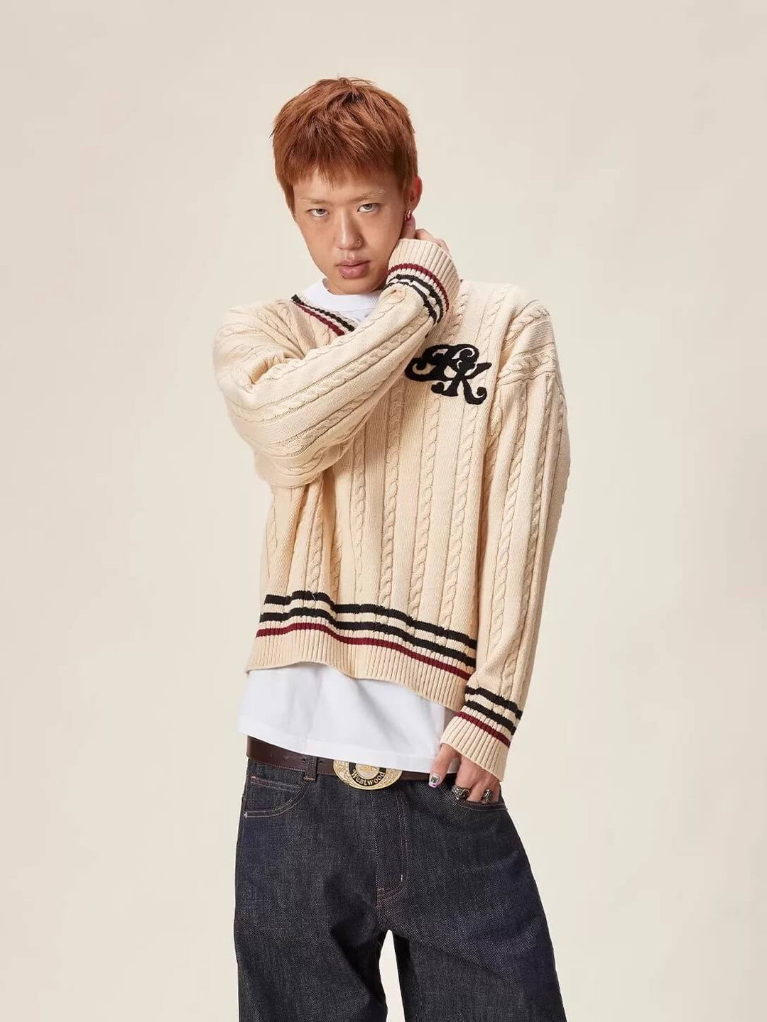 EVILKNIGHT(EK) Logo Cable Knit V Neck Sweater | Face 3 Face