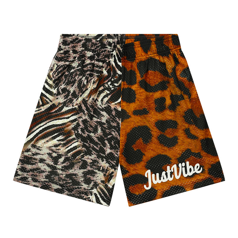 JUST VIBE Asymmetric Leopard Mesh Basketball Shorts | Face 3 Face