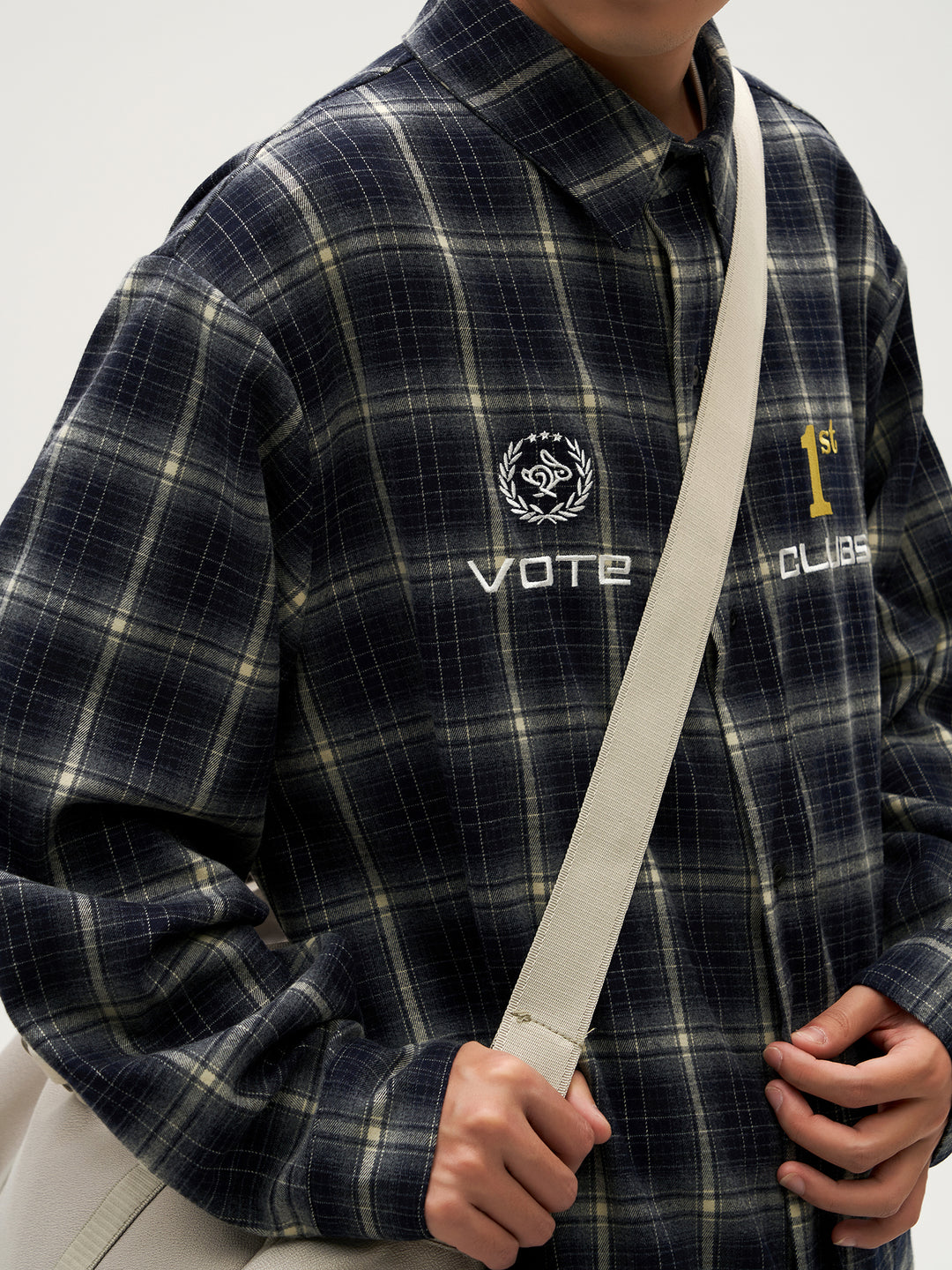 VOTE Navy Plaid Embroidery Long Sleeved Shirt