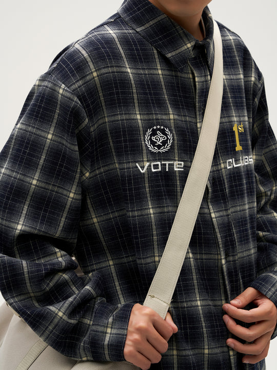 VOTE Navy Plaid Embroidery Long Sleeved Shirt