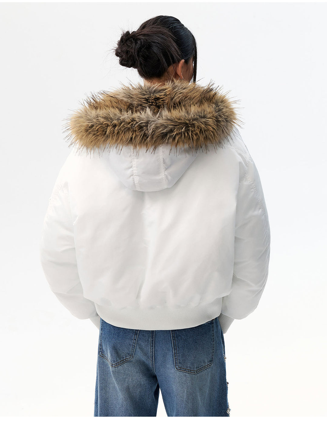 MEDM Silicone Logo Patch Fur Hooded Bomber Jacket | Face 3 Face