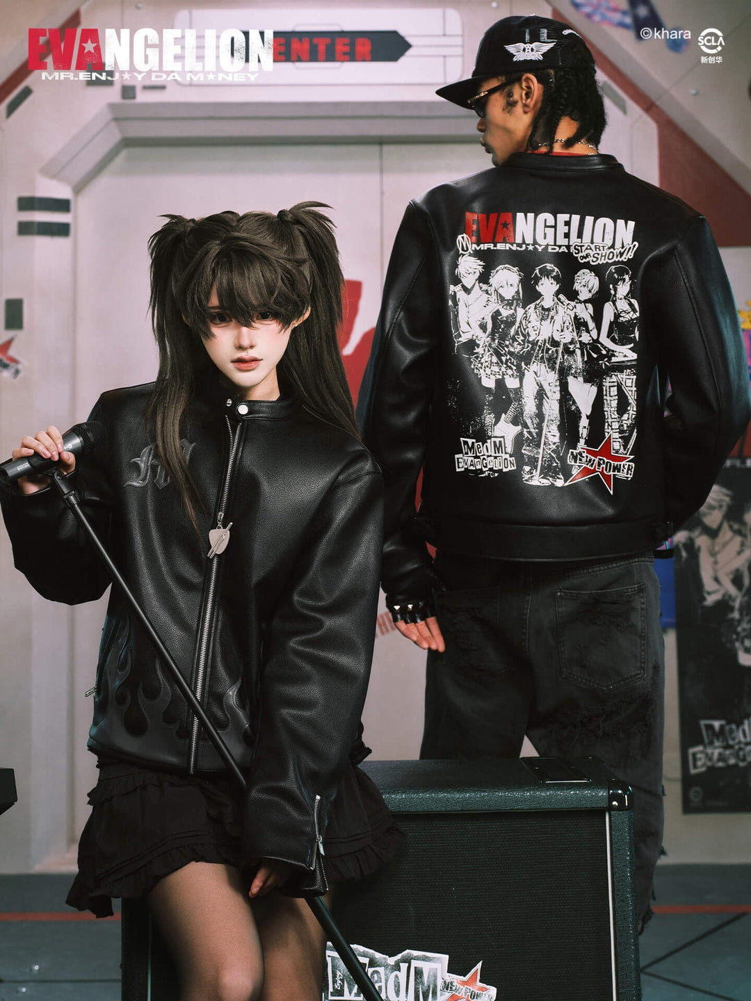 MEDM x EVA NEVER END Flame Character Portraits PU Leather Biker Jacket | Face 3 Face