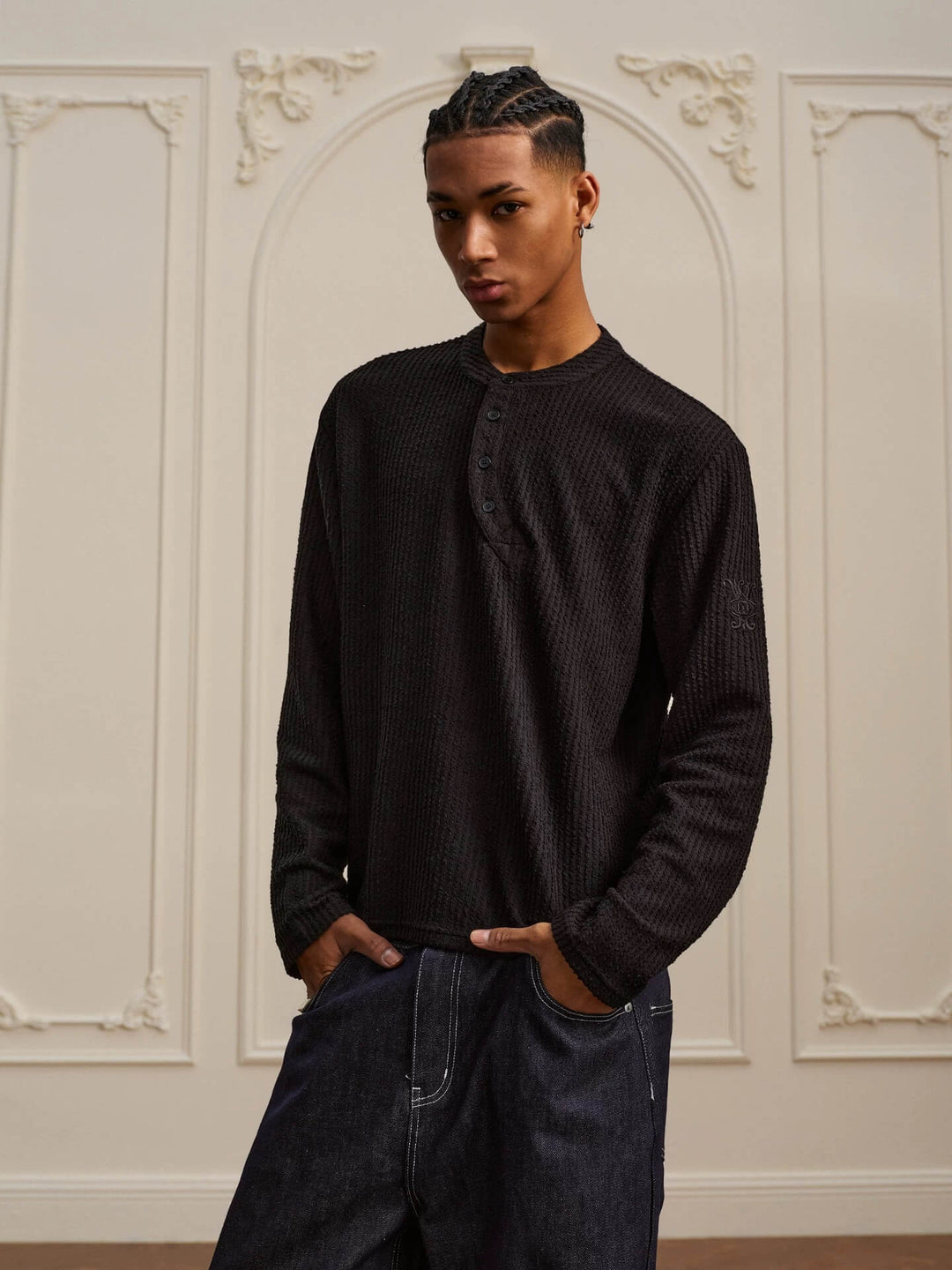 YADcrew Twisted Henley Pinstripe Long Sleeve Tee | Face 3 Face