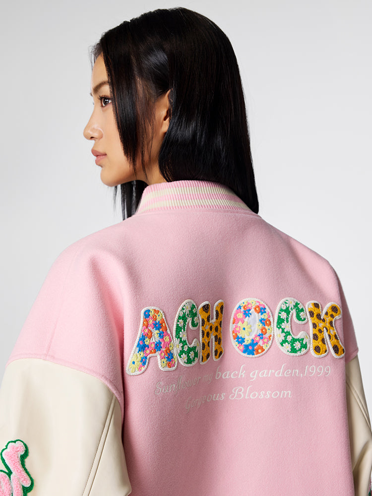 Racer varsity jacket | Achock Colorful Flower Logo Embroidery Varsity Jacket | Face 3 Face