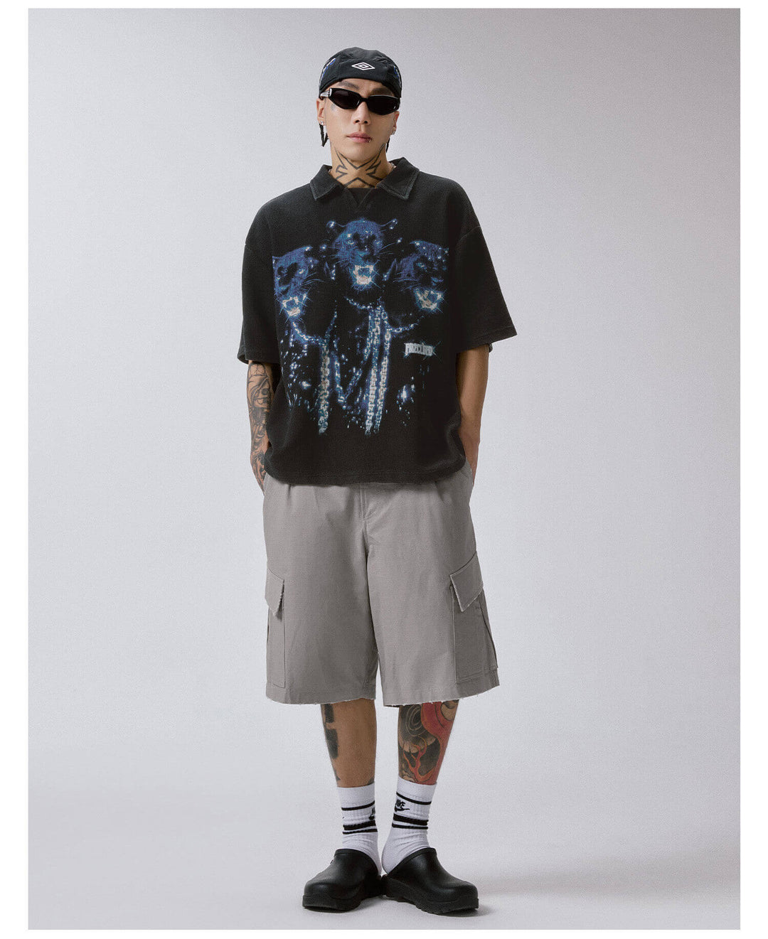 F2CE Washed Distressed Waffle Vintage Print Short Sleeve Polo Shirt | Face 3 Face