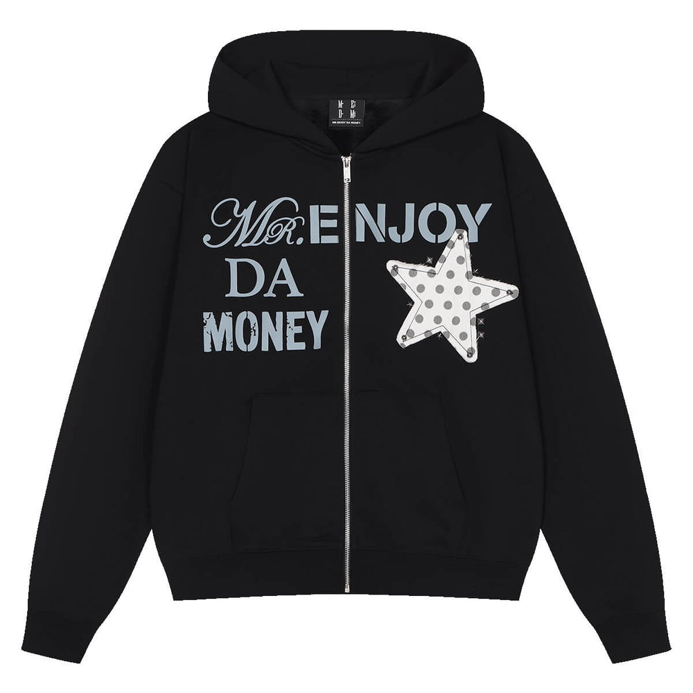 MEDM Dot Pattern Star Patch Studded Zip Up Hoodie | Face 3 Face