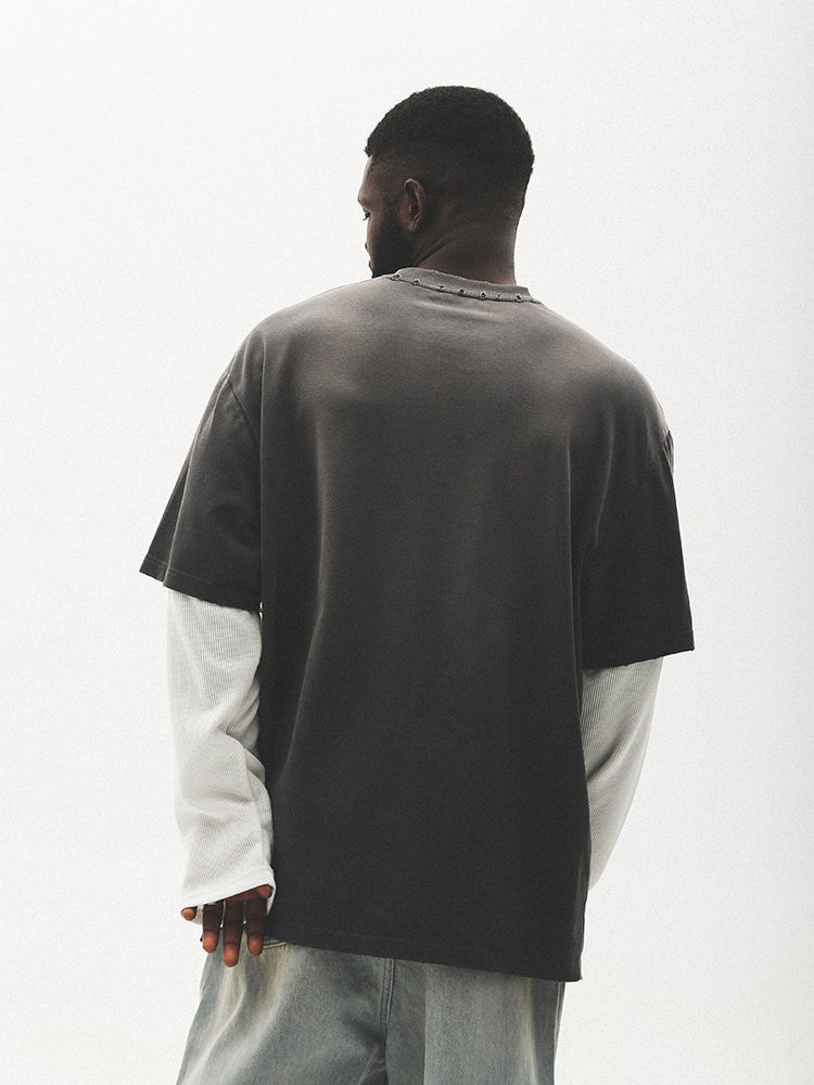 UNTILWERICH Washed Star Burst Print Mock Two-Piece Long Sleeve Tee | Face 3 Face