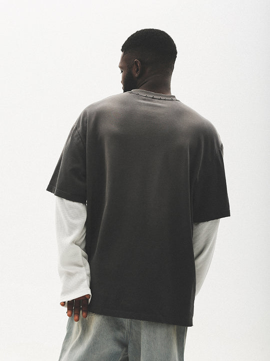 UNTILWERICH Washed Star Burst Print Mock Two-Piece Long Sleeve Tee | Face 3 Face