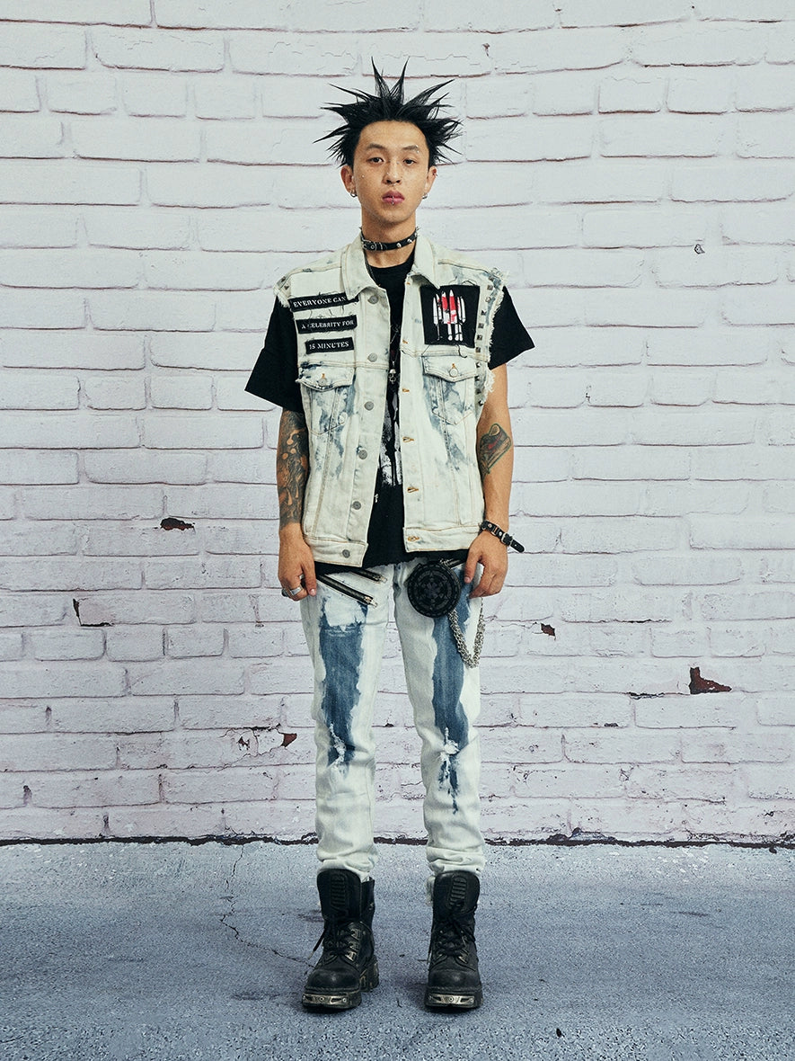 VENTUREK Bleach Wash Rivet Zipper Slim Jeans | Face 3 Face