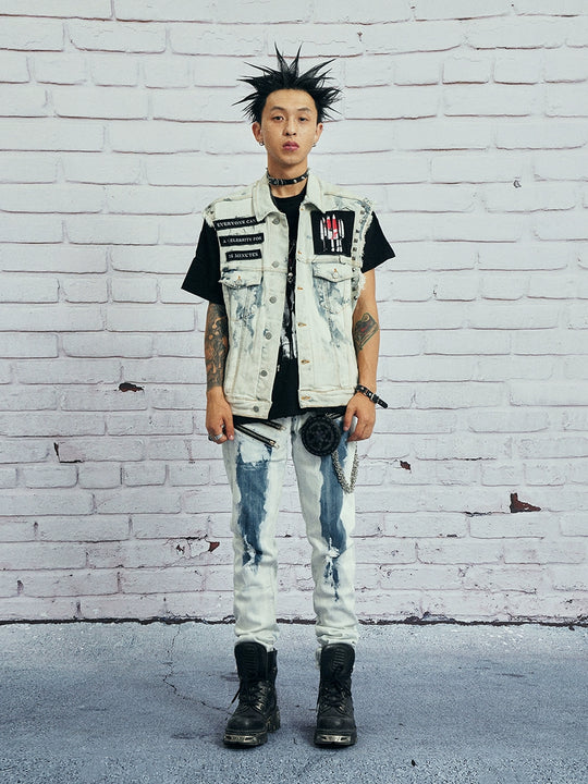 VENTUREK Bleach Wash Rivet Zipper Slim Jeans | Face 3 Face