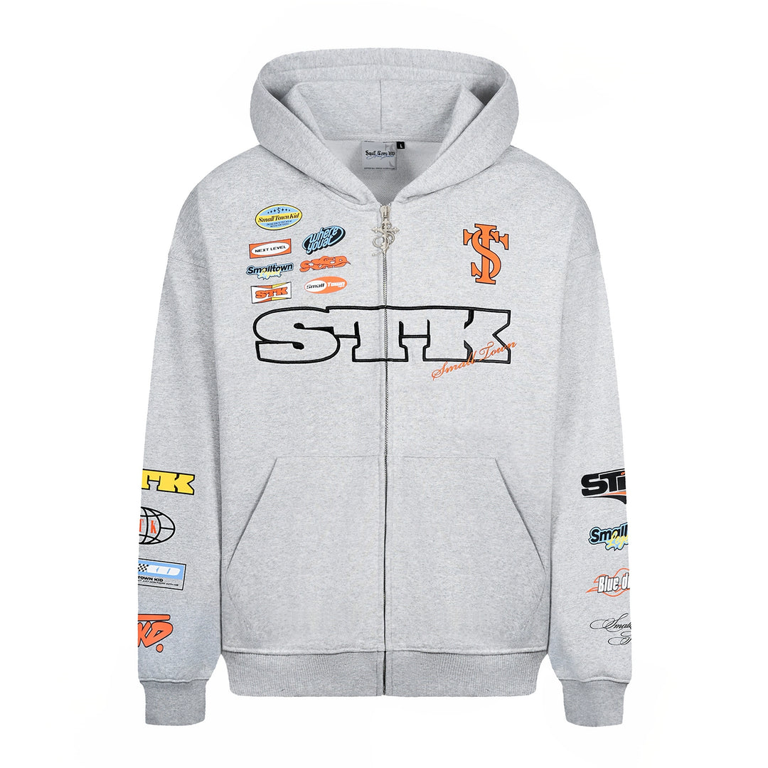 Small Town Kid Racing Badge Printed and Embroidered Zip-Up Hoodie | Face 3 Face
