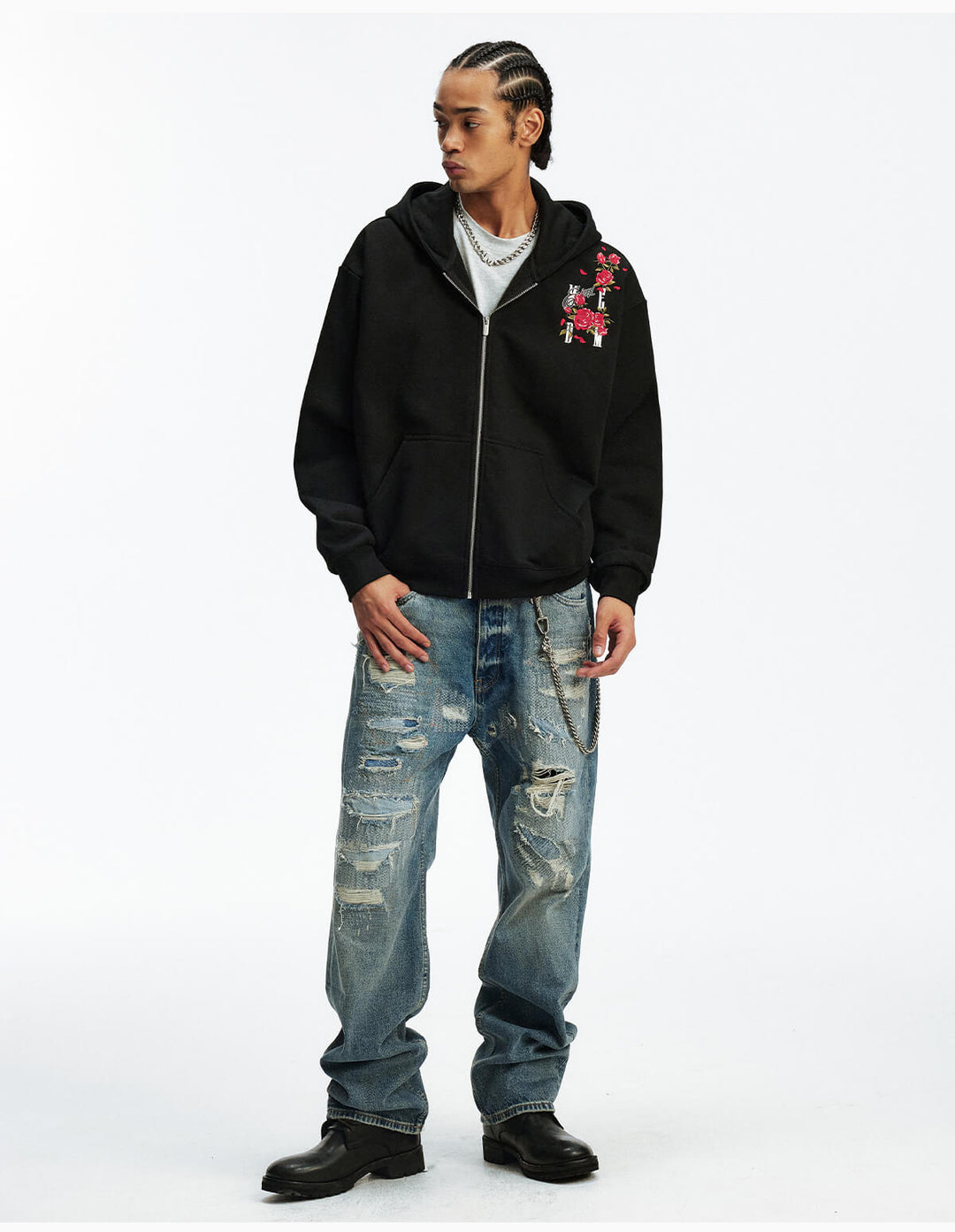 MEDM Rose Embroidered Zip Up Hoodie | Face 3 Face