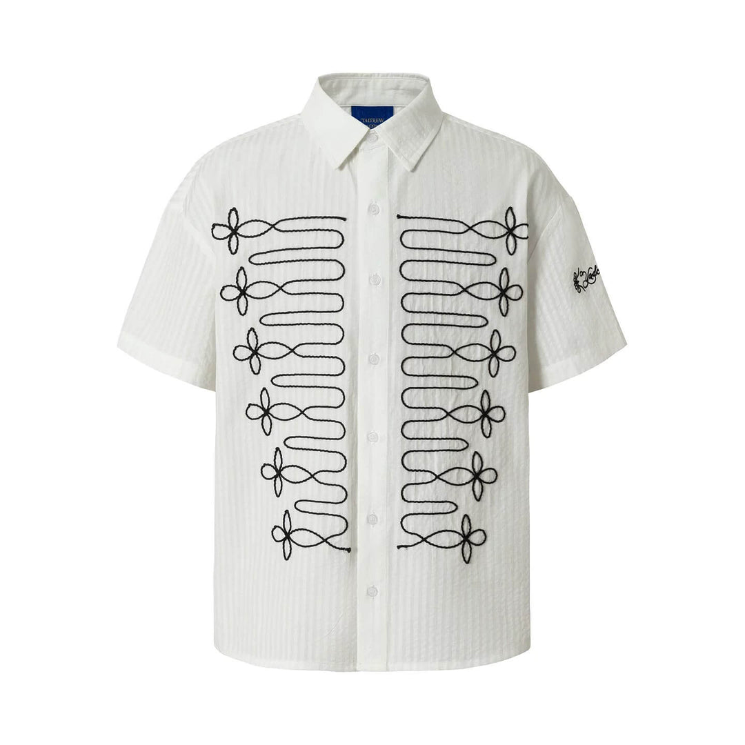 YADcrew Braid Embroidered Striped Seersucker Short Sleeve Shirt | Face 3 Face