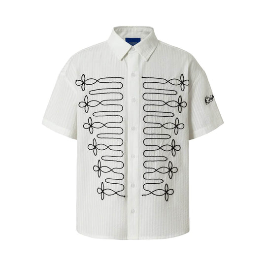 YADcrew Braid Embroidered Striped Seersucker Short Sleeve Shirt | Face 3 Face
