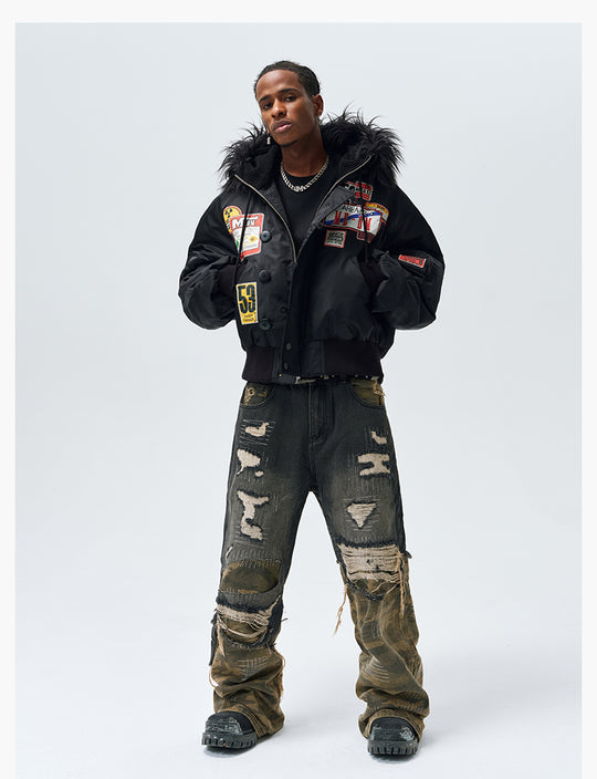 MEDM License Plate Patch Fur-Hooded MA-1 Bomber Jacket | Face 3 Face