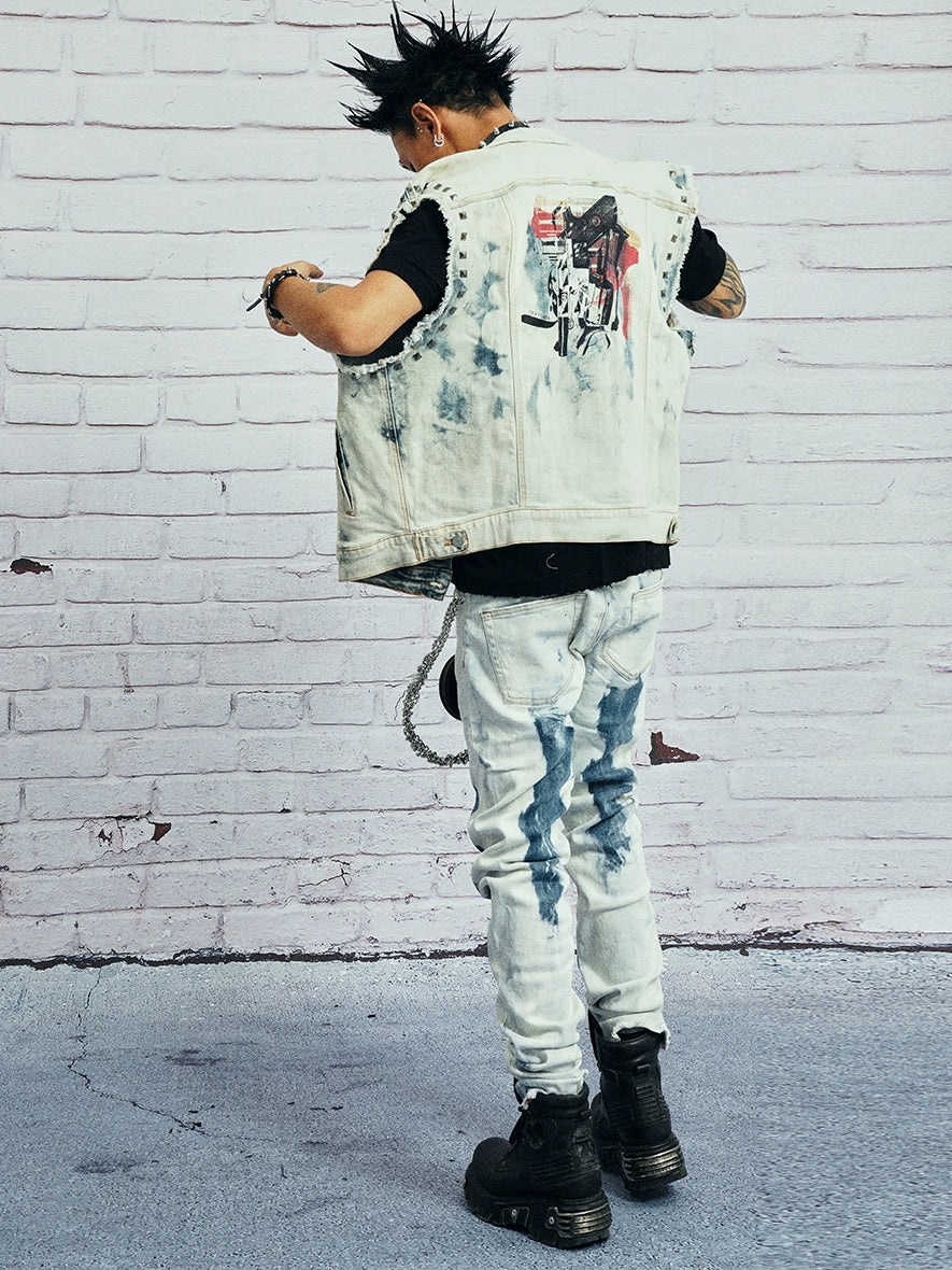 VENTUREK Bleach Wash Rivet Zipper Slim Jeans | Face 3 Face