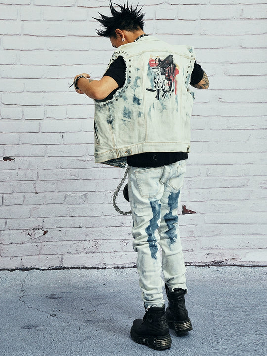 VENTUREK Bleach Wash Rivet Zipper Slim Jeans | Face 3 Face