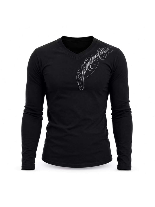 KARMANISTIC Script Print Stretch Slim Fit V Neck Long Sleeve Tee | Face 3 Face
