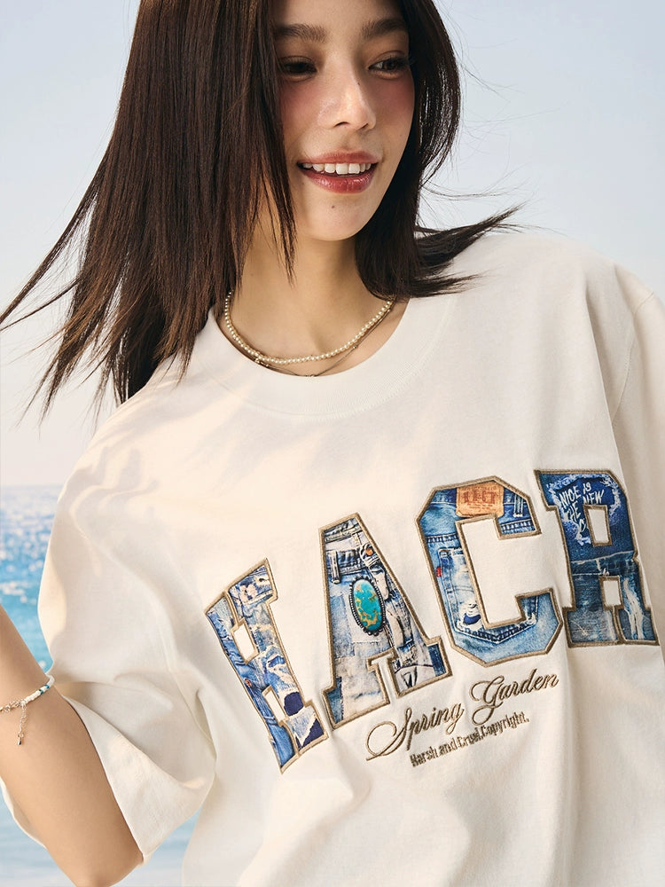 Harsh and Cruel HACR Turquoise Denim Patch Embroidered Tee | Face 3 Face