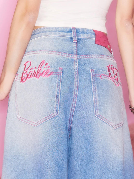 1807 Barbie Collaboration Rhinestone Detail Embroidered Denim Cropped Shorts | Face 3 Face