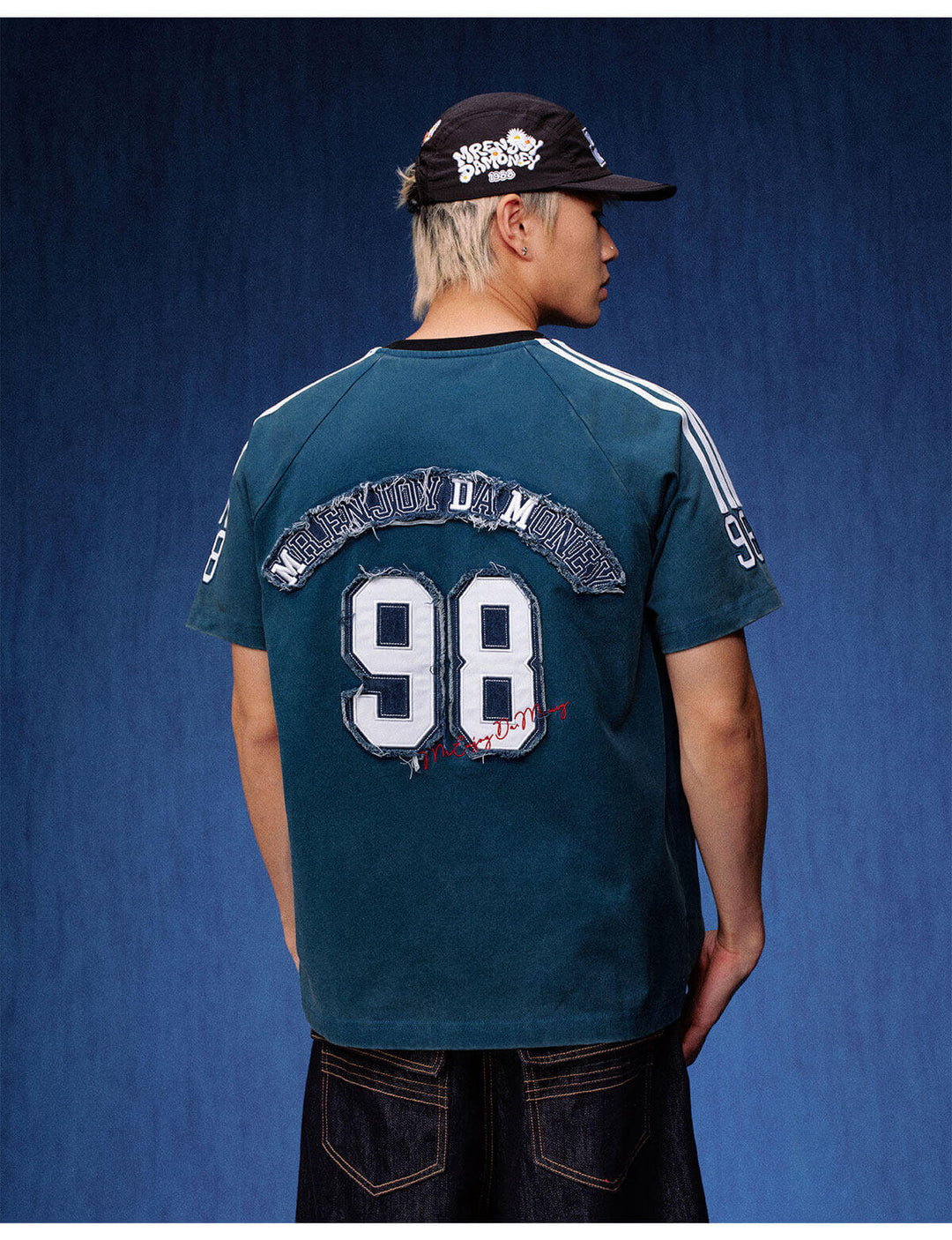 MEDM Distressed Denim Logo Patch Washed Short Sleeve Tee | Face 3 Face