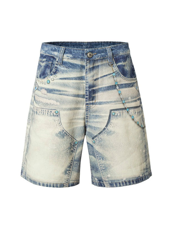 YADcrew Turquoise Double Knee Print Denim Shorts | Face 3 Face