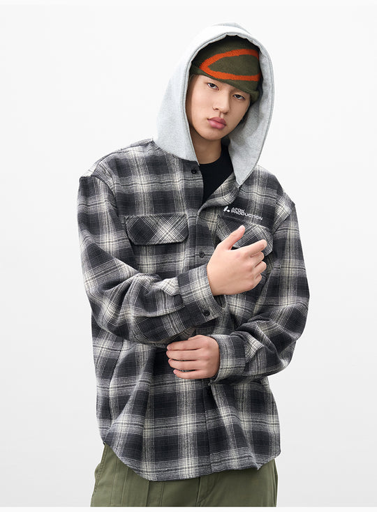 AFGK Plaid Embroidered Hooded Long Sleeve Shirt | Face 3 Face