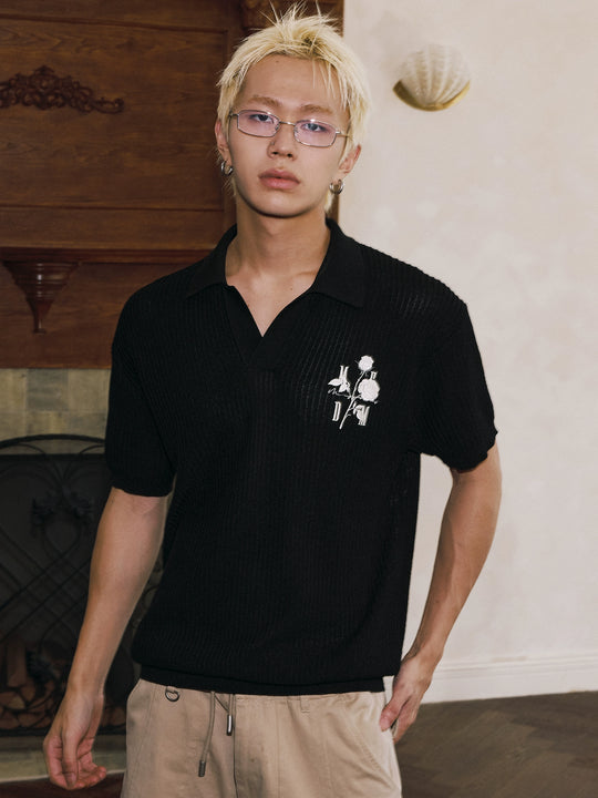 MEDM Rose Embroidered Textured Stripe Knit Polo | Face 3 Face
