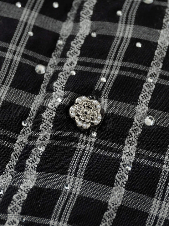 YADcrew Plaid Rhinestone Cascade Flower Button Short Sleeve Shirt | Face 3 Face