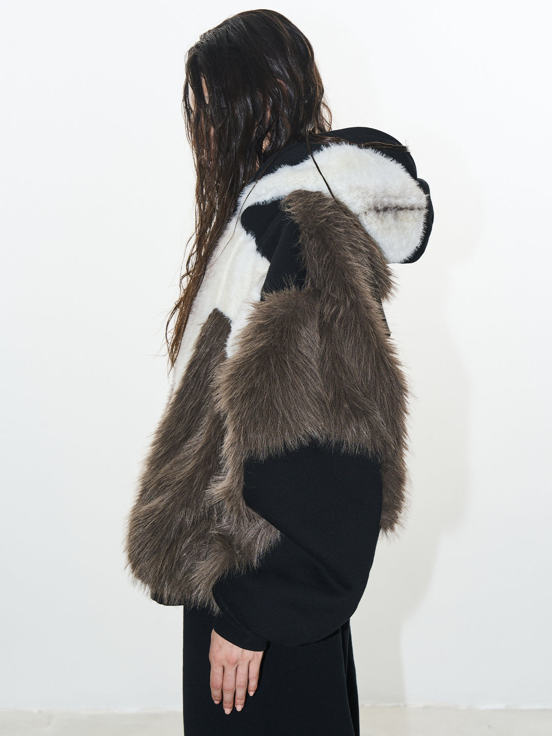 BLIND NO PLAN Colorblocked Hooded Fur Jacket | Face 3 Face