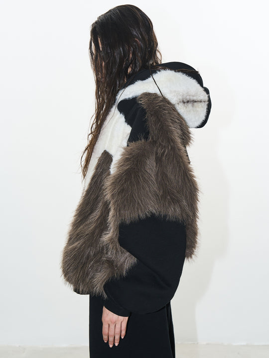 BLIND NO PLAN Colorblocked Hooded Fur Jacket | Face 3 Face