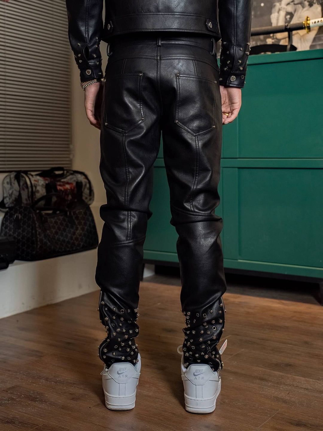 TGFCLUB Embossed Studded Slim Fit PU Leather Pants | Face 3 Face