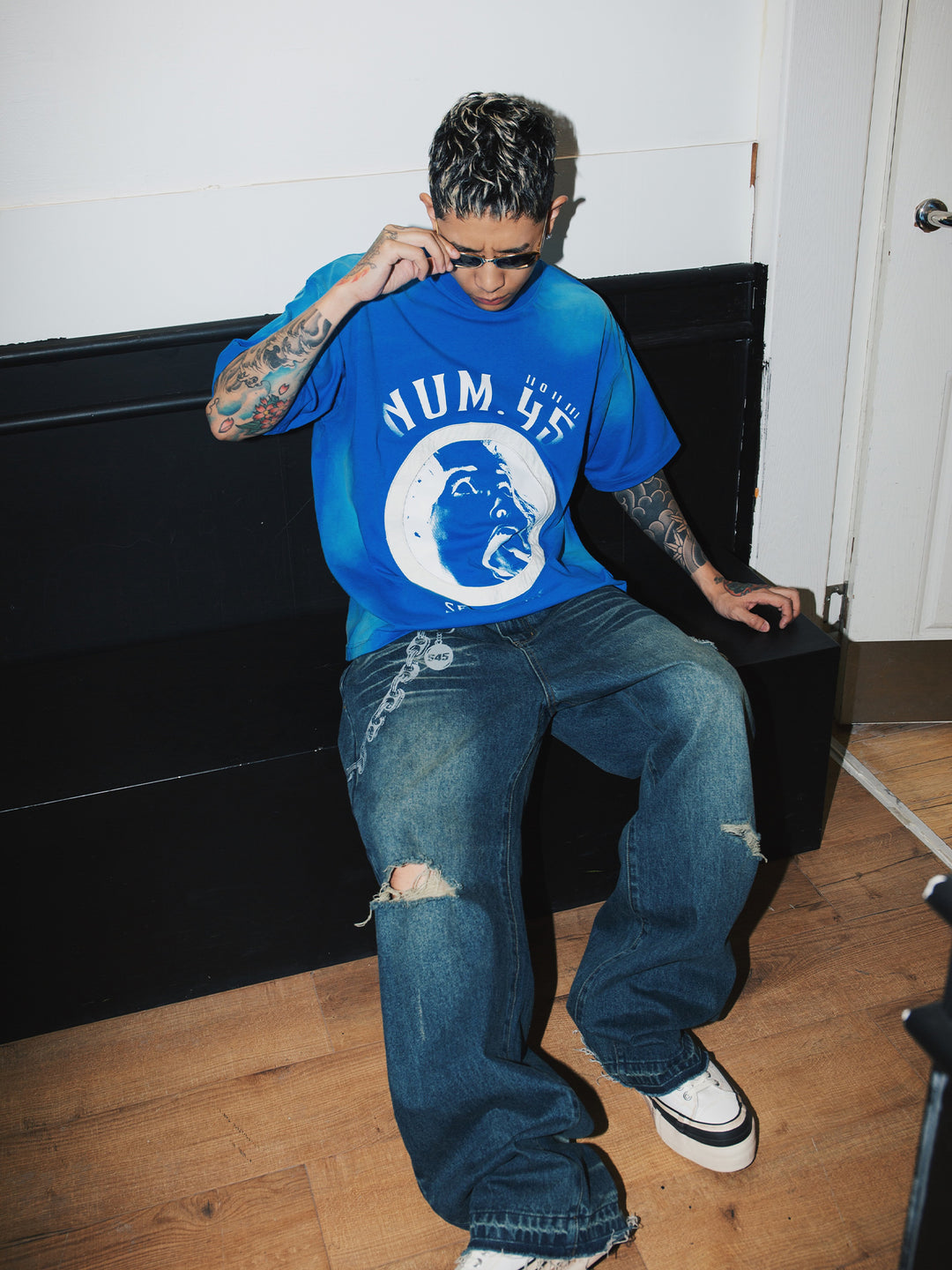 S45 Portrait Slogan Printing Washed Old Tee | Face 3 Face