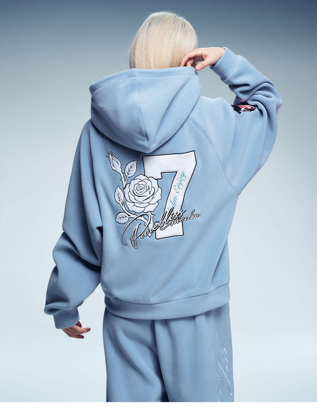 MEDM Rose Embroidered Patch Zip Up Fleece Hoodie | Face 3 Face