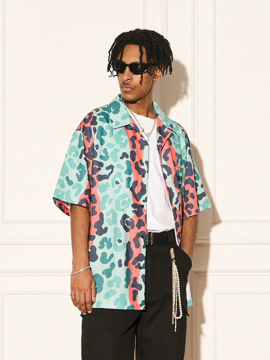 EMPTY REFERENCE Color Clash Leopard Print Short Sleeve Shirt