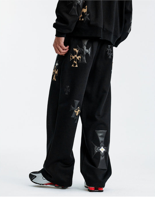MEDM Leather Cross Star Patchwork Sweatpants | Face 3 Face