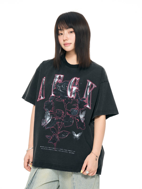 AFGK Metal Rose Print Distressed Washed Tee | Face 3 Face