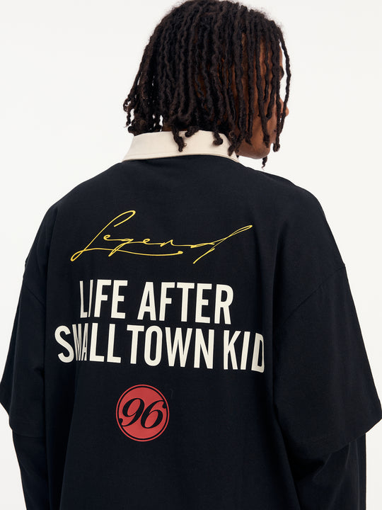 Small Town Kid 3D Embroidered Badge Fake Two-Piece Long-Sleeve Polo | Face 3 Face