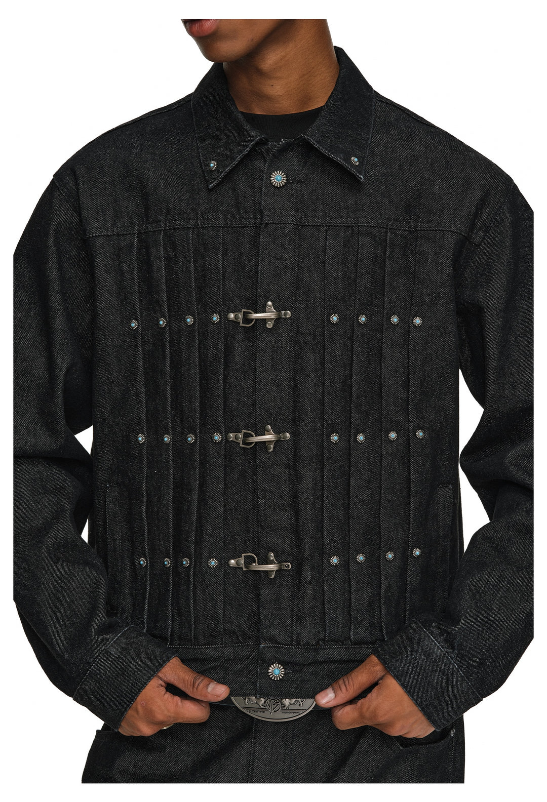 ANTIDOTE Turquoise Studded Pleated Buckle Denim Jacket | Face 3 Face