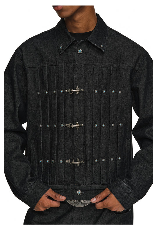 ANTIDOTE Turquoise Studded Pleated Buckle Denim Jacket | Face 3 Face