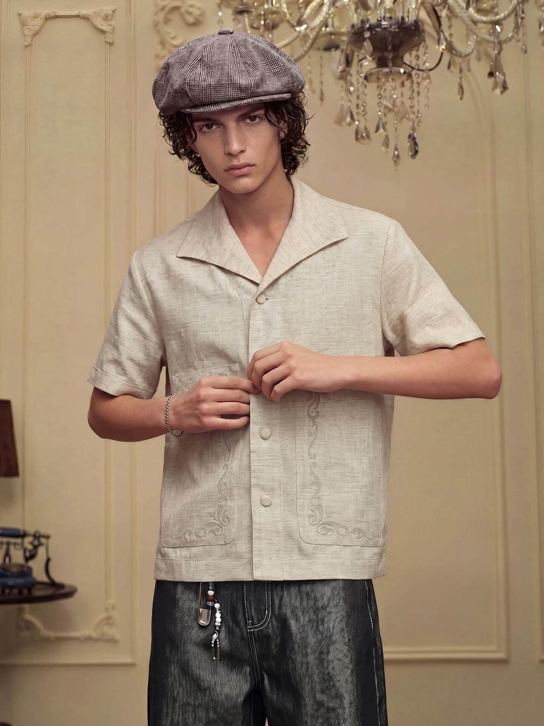 YADcrew Linen Blend Embroidered Short Sleeve Shirt | Face 3 Face
