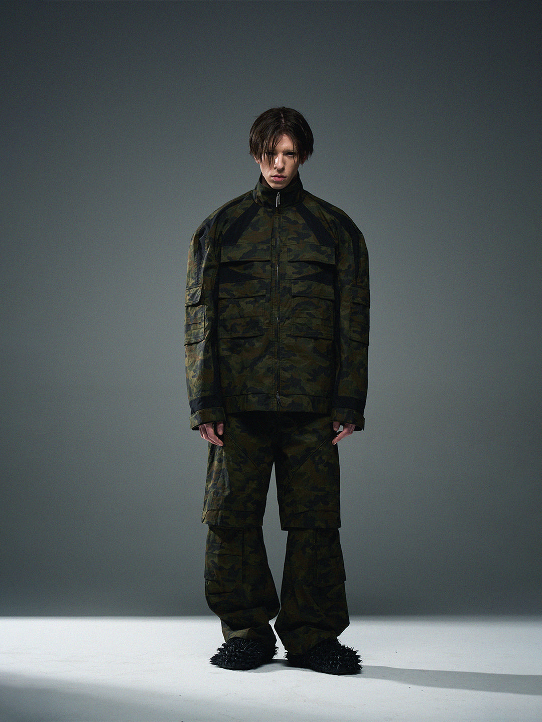 BLIND NO PLAN Colorblocking Textured Check Camouflage Work Jacket | Face 3 Face