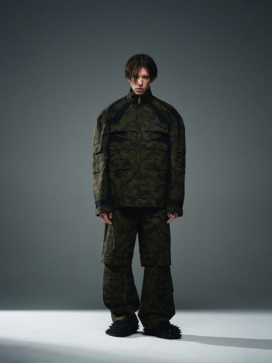 BLIND NO PLAN Colorblocking Textured Check Camouflage Work Jacket | Face 3 Face