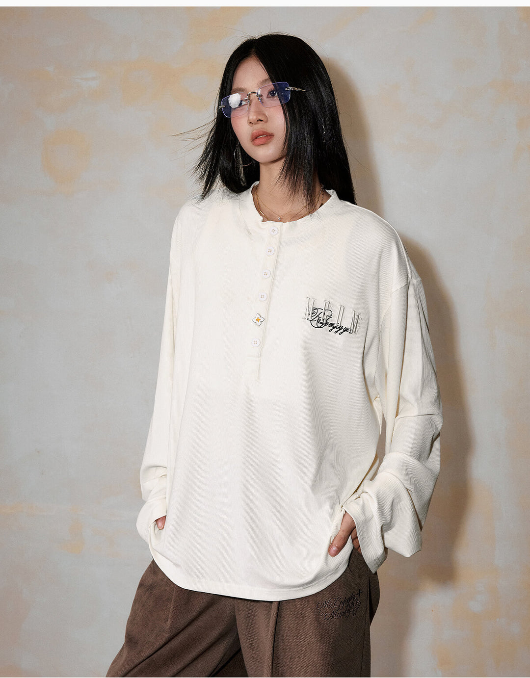 MEDM Flower Button Henley Long Sleeve Tee | Face 3 Face