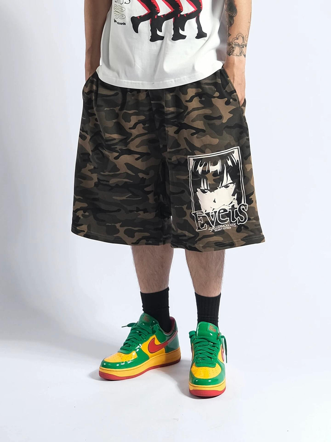 EVETS Anime Graphic Print Camo Baggy Sweat Shorts | Face 3 Face
