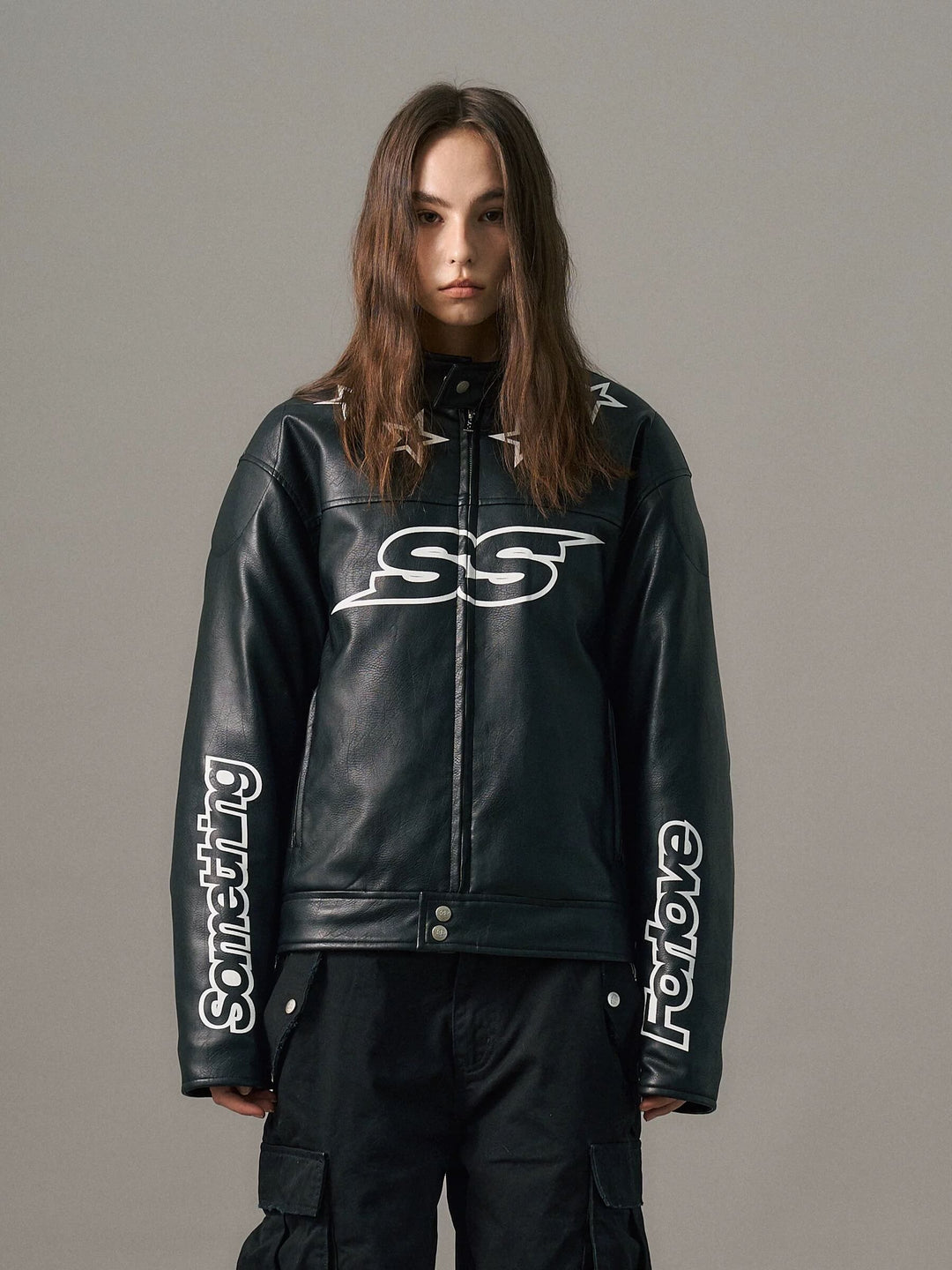 S45 Star Print PU Leather Leopard Lined Biker Jacket | Face 3 Face