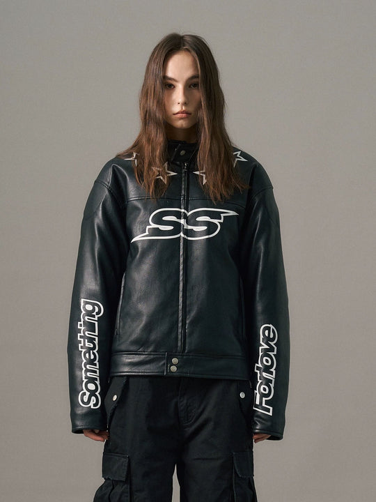 S45 Star Print PU Leather Leopard Lined Biker Jacket | Face 3 Face