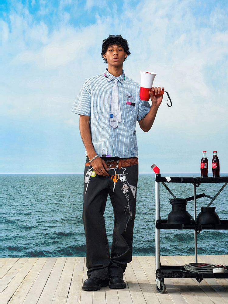 YADcrew Wavy Stripe Tie-Print Short Sleeve Shirt | Face 3 Face