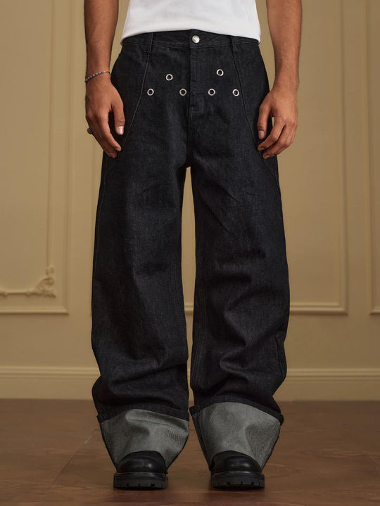 YADcrew Silver Eyelet Contrast Cuff Baggy Jeans | Face 3 Face