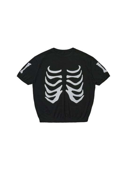 LIBERAFIT Skeleton Print Knit Ribbed Trim Short Sleeve Tee